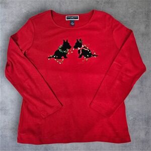 Karen Scott Petites Red Long Sleeve Tee Christmas Scottie Dogs Large M41